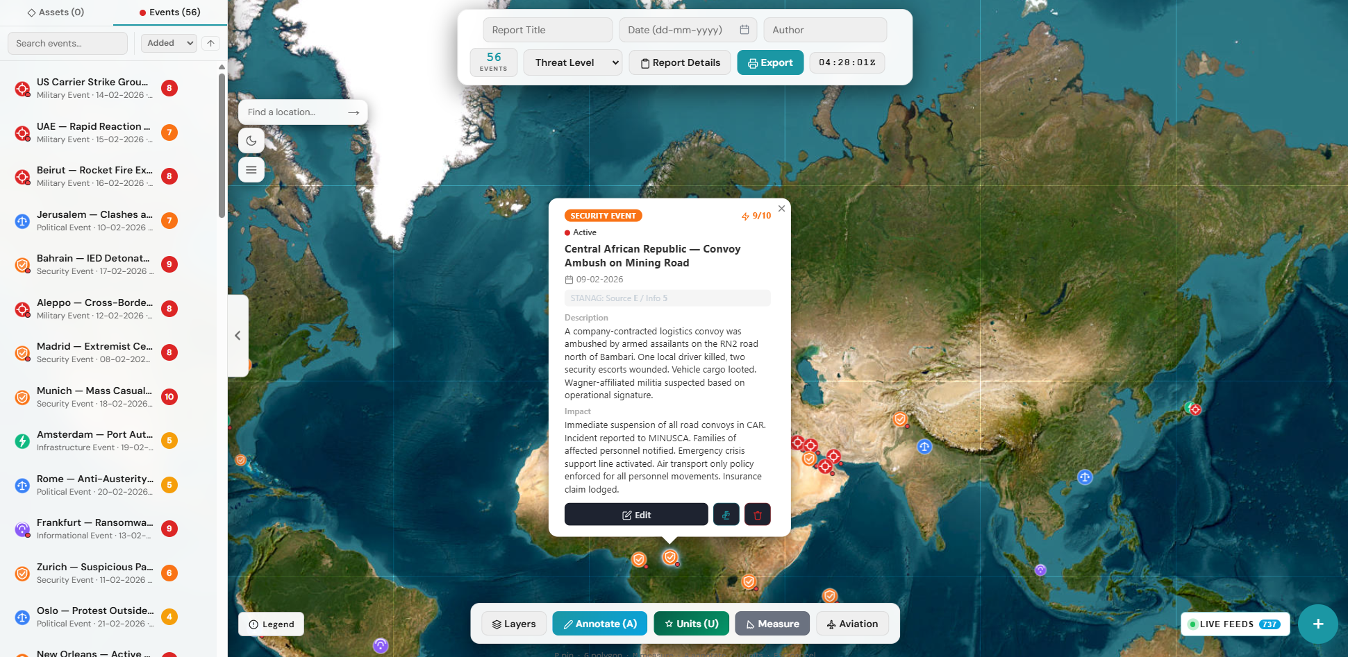presydo Situation Report — operational map with events and asset overlays